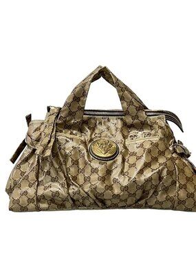 GUCCI Crystal GG/Hysteria 197020 Beige Dark Brown Coated Canvas Handbag